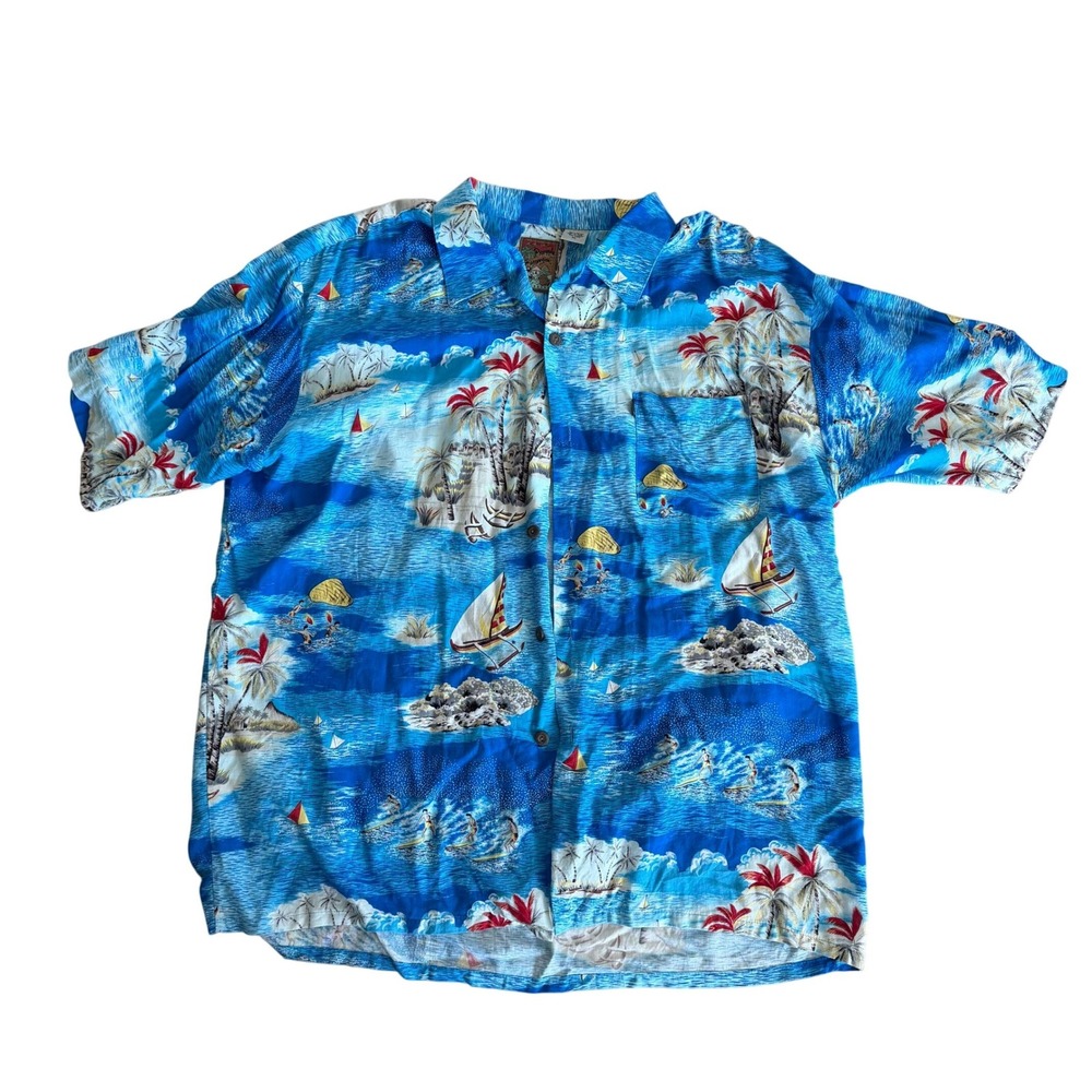 Pineapple‎ Connection Mens Aloha Hawaiian Shirt XL Blue Tropical Scene Sailboats